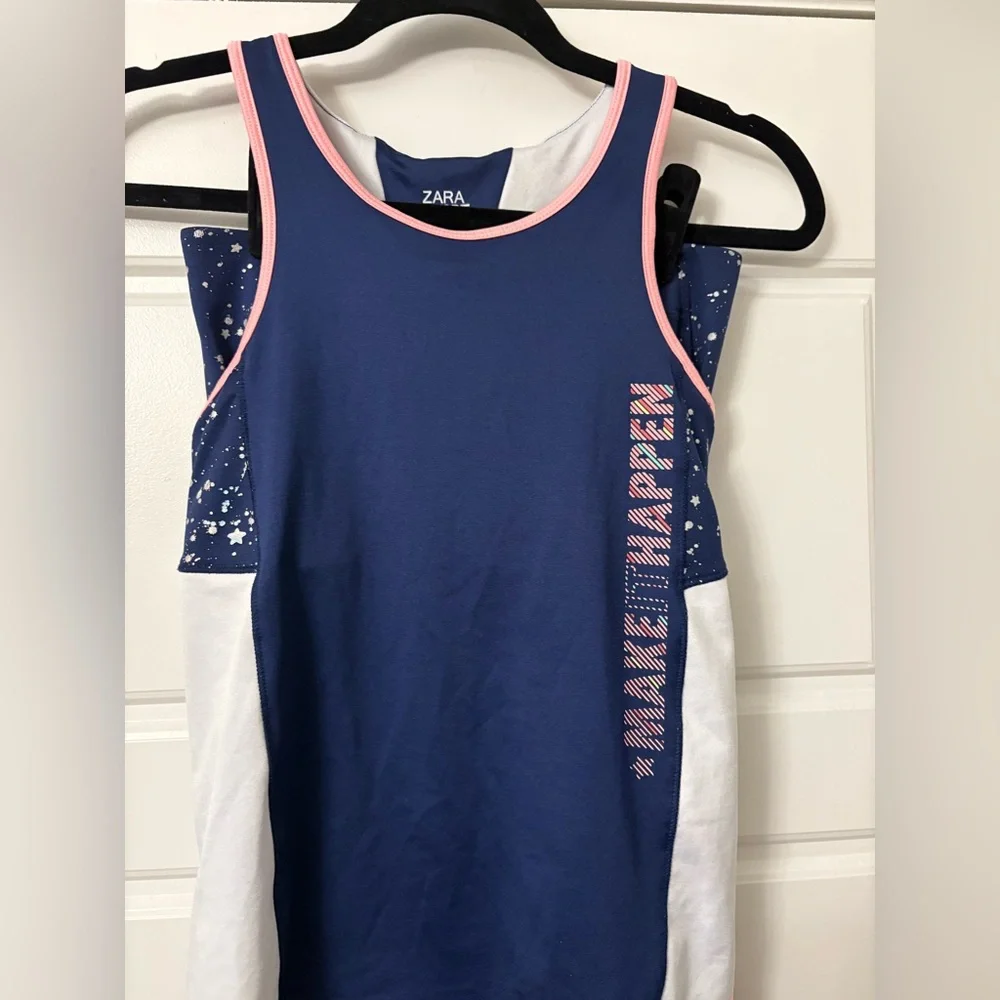 Zara‎ Girls Navy Pink White Sports Athleisure Outfit Tank Leggings Pants 13 14